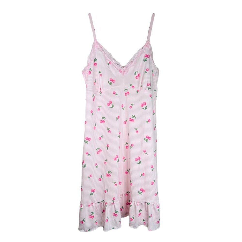 Laura Ashley Size Medium Cherry Striped Nightie Sleepwear Lace